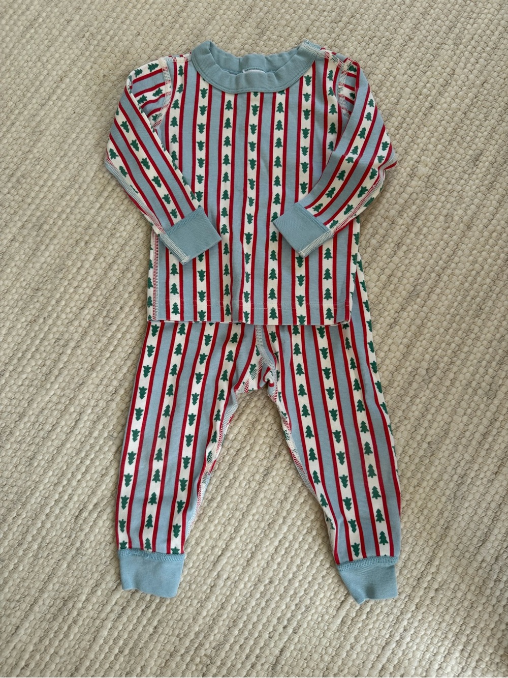 Hanna Anderson Kids Holiday Tree Stripe One-Piece Pajama - Light Blue Trim 2Y